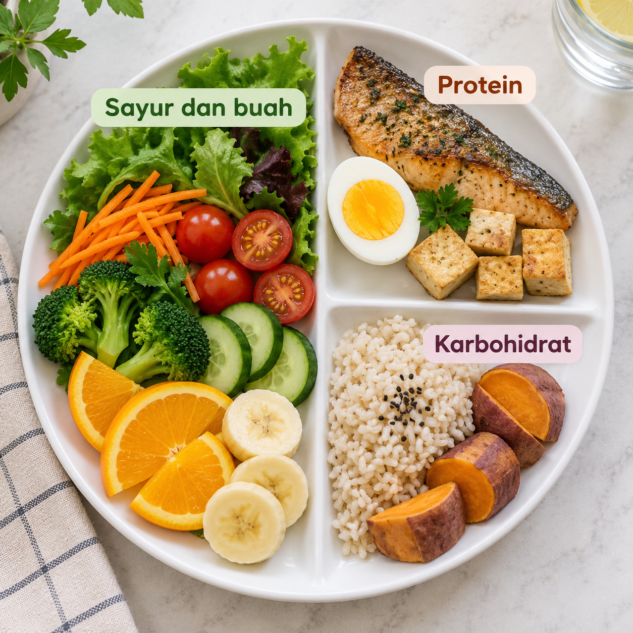 Piring seimbang dengan sayur dan buah, protein, serta karbohidrat